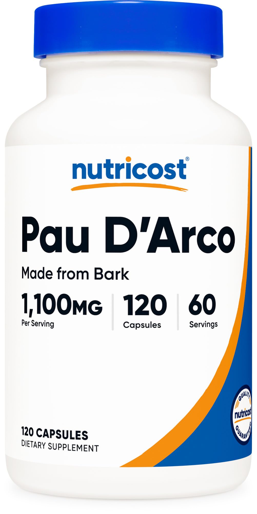 Nutricost Pau D'Arco inner bark bottle shows 120 capsules for a daily wellness routine.