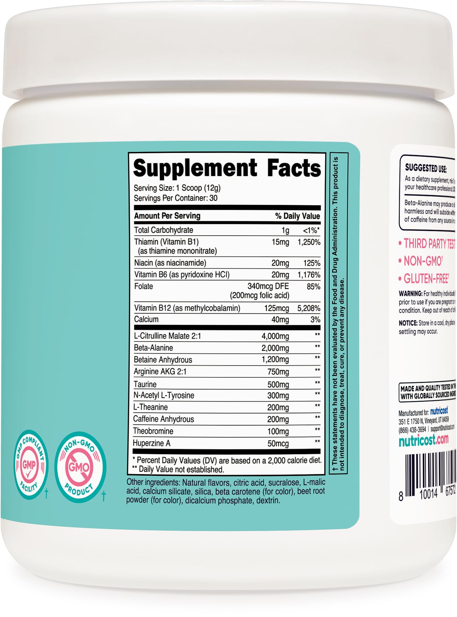 Nutricost Peach Mango pre-workout label notes ISO testing and GMP compliance