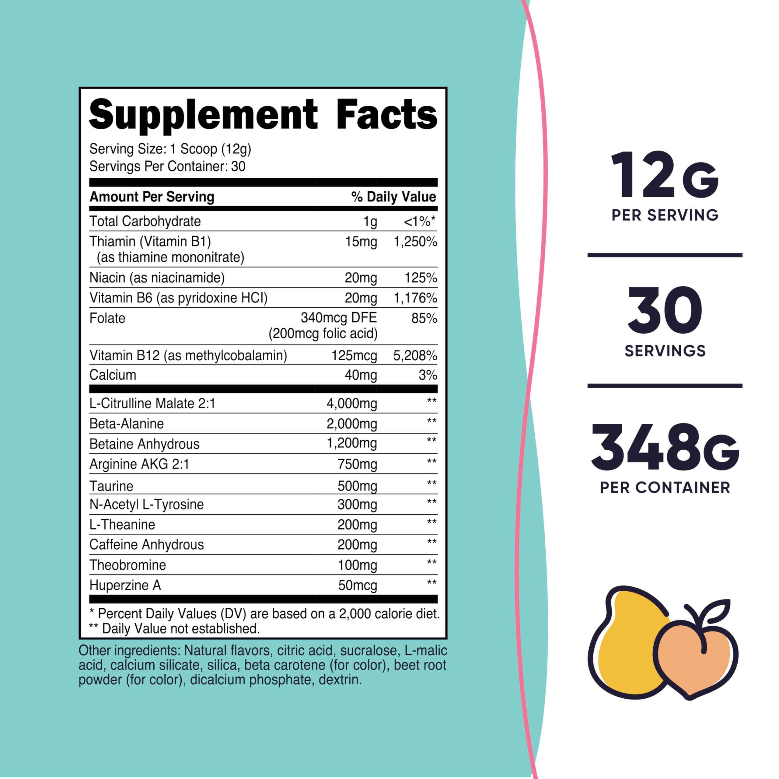 Nutricost Peach Mango pre-workout scoop showing serving size for workouts