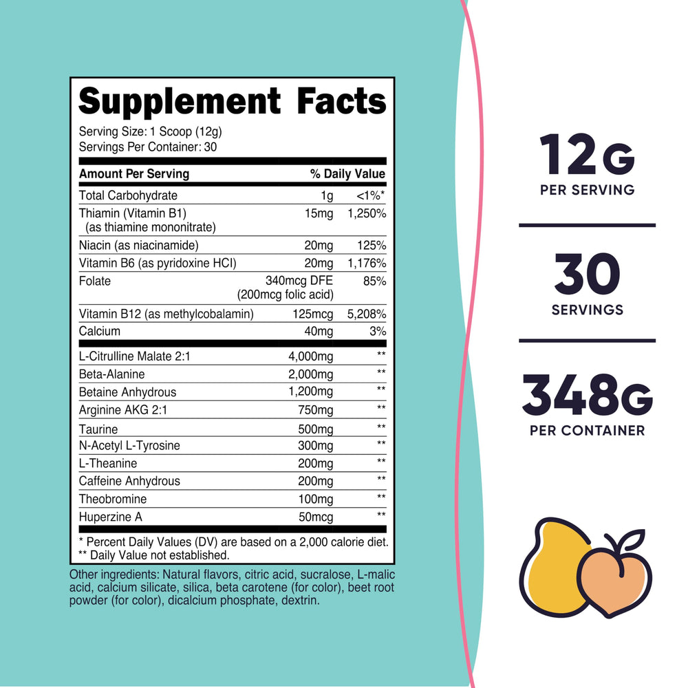 Nutricost Peach Mango pre-workout scoop showing serving size for workouts