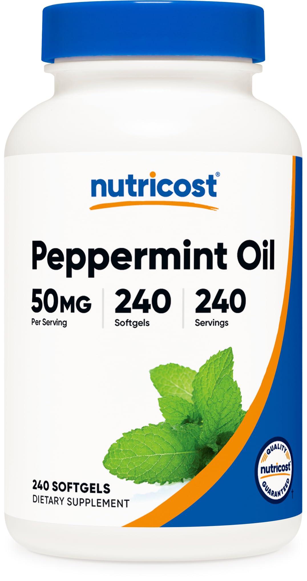 Nutricost Peppermint Oil Softgels bottle view highlighting gluten-free, easy to swallow capsules.
