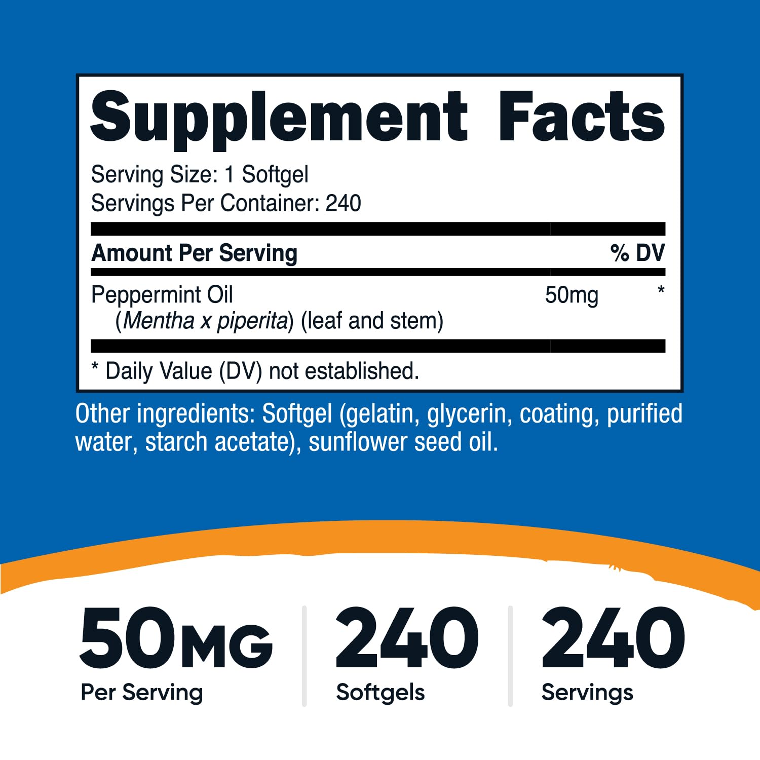 Close-up of Nutricost peppermint oil softgels for daily, gluten-free use.
