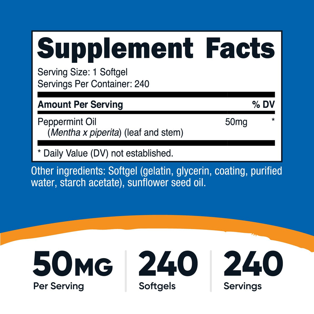 Close-up of Nutricost peppermint oil softgels for daily, gluten-free use.
