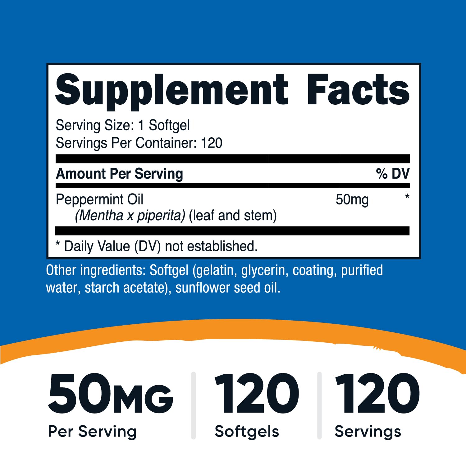 Nutricost Peppermint Oil Softgels close-up shows easy-to-swallow capsules