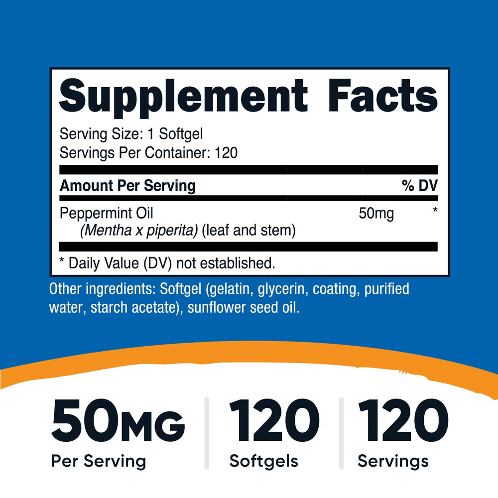Nutricost Peppermint Oil Softgels close-up shows easy-to-swallow capsules