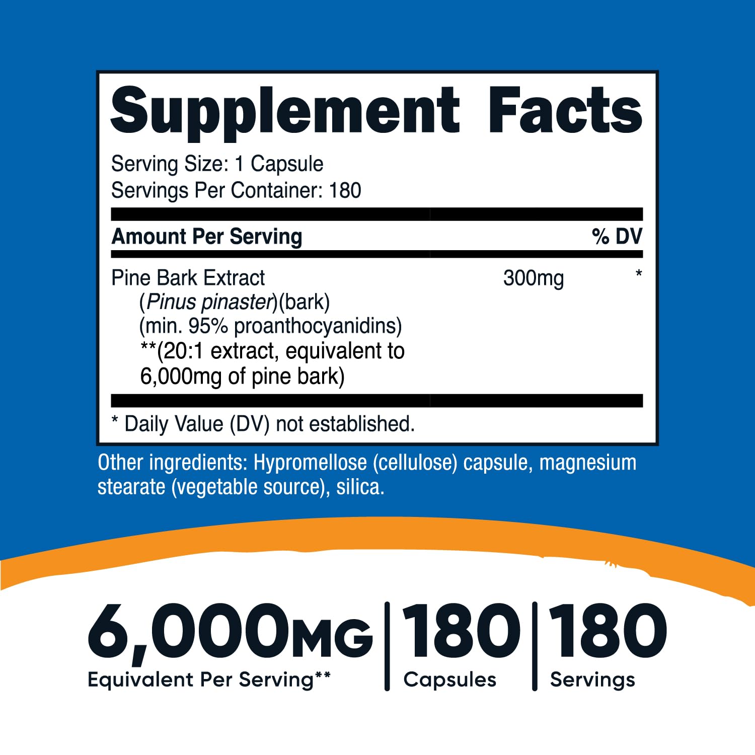 Nutricost Pine Bark Extract label highlighting 95% proanthocyanidins per serving