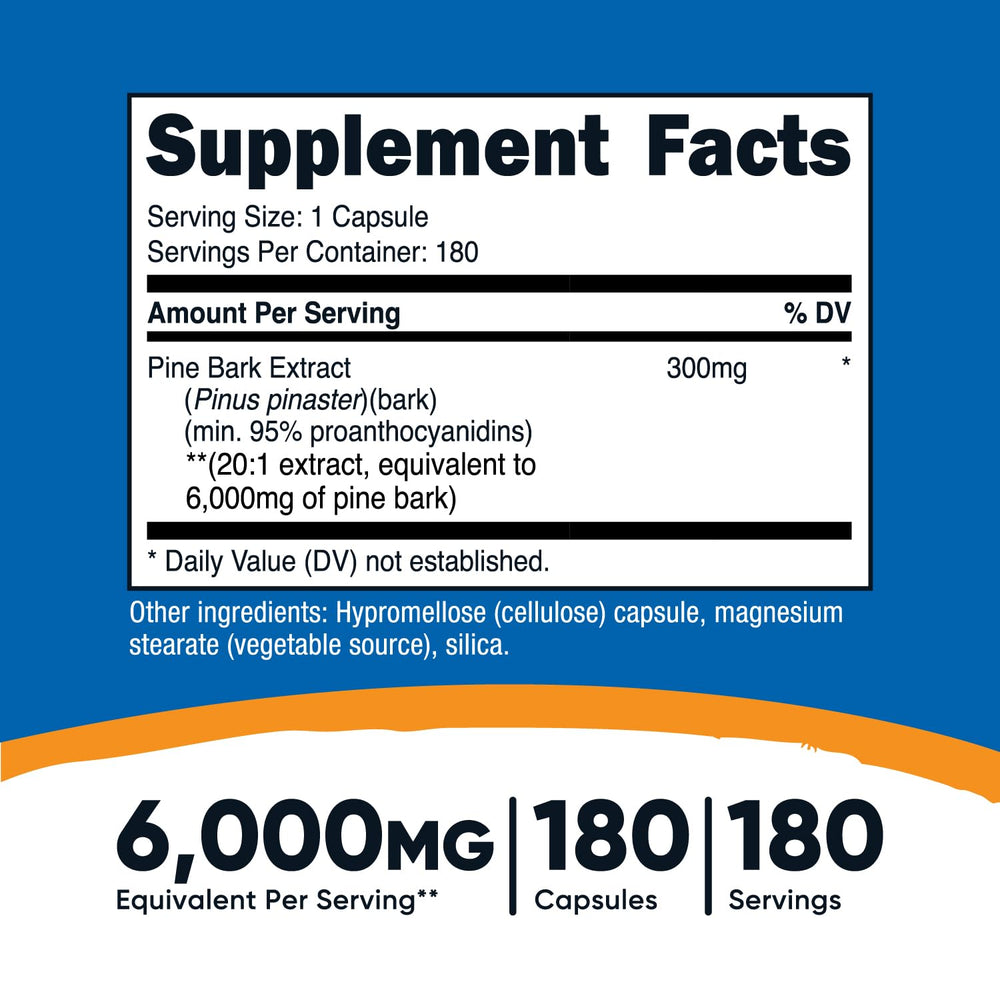 Nutricost Pine Bark Extract label highlighting 95% proanthocyanidins per serving