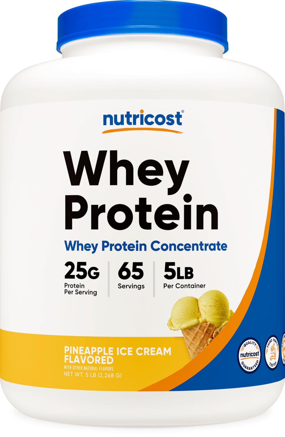 Nutricost pineapple whey protein bottle front view showing gluten-free option.