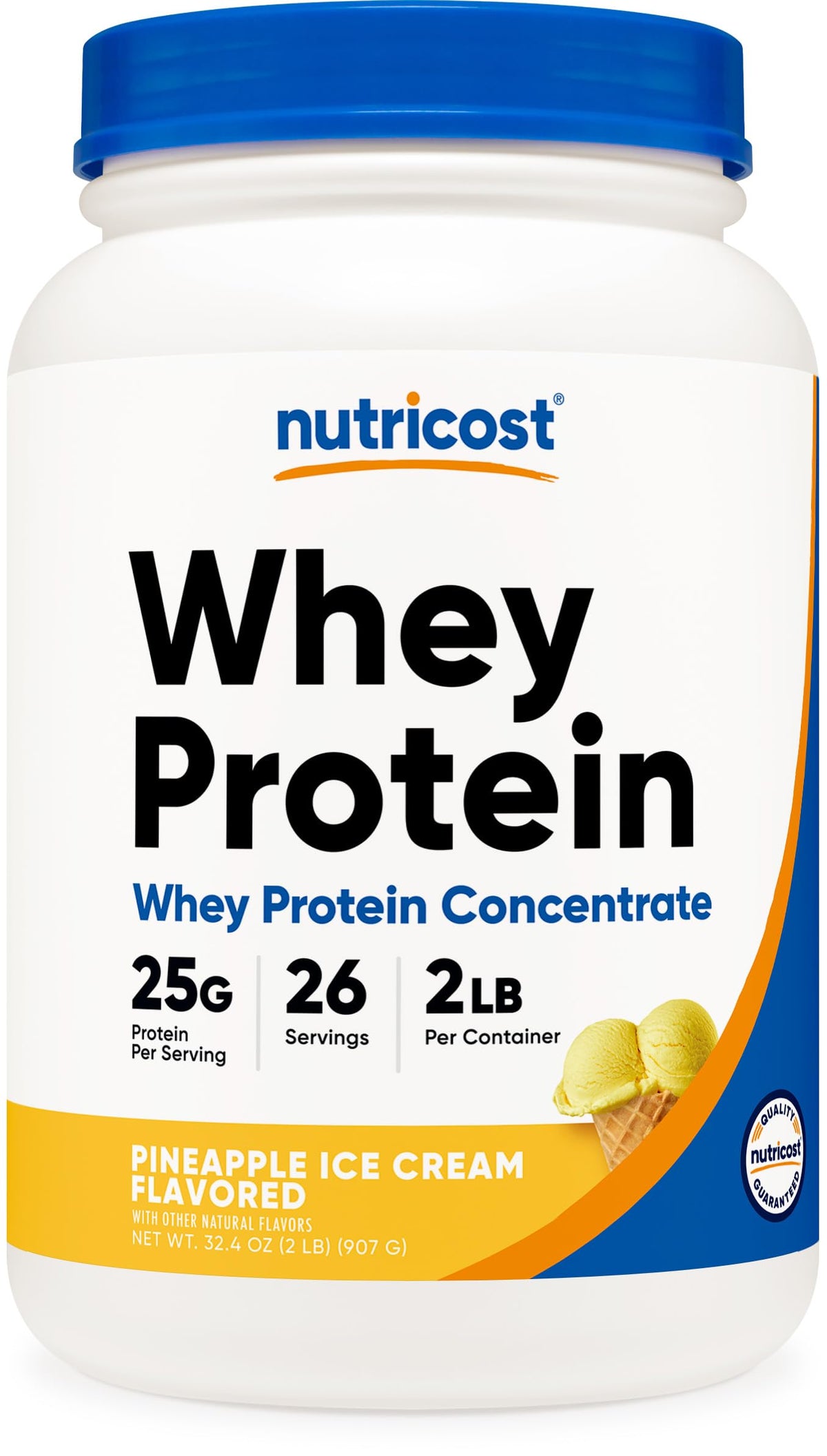 Nutricost pineapple whey protein bottle shows gluten-free formula for everyday shakes.