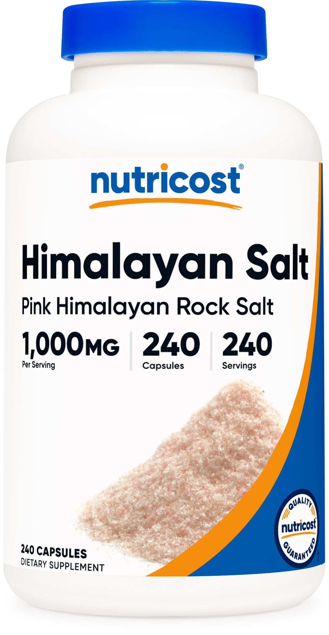 Nutricost pink Himalayan salt capsules bottle close-up for daily mineral use.