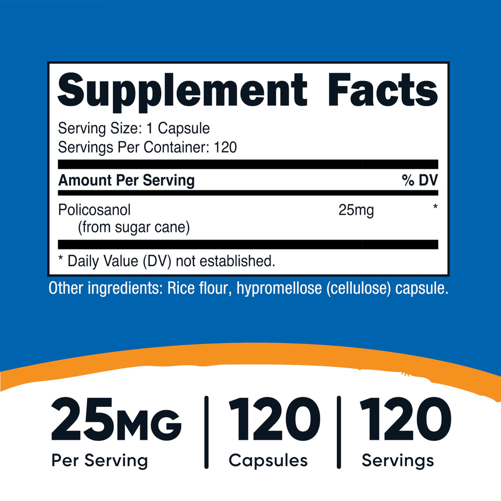Close-up of Nutricost Policosanol capsules showing easy-to-swallow size