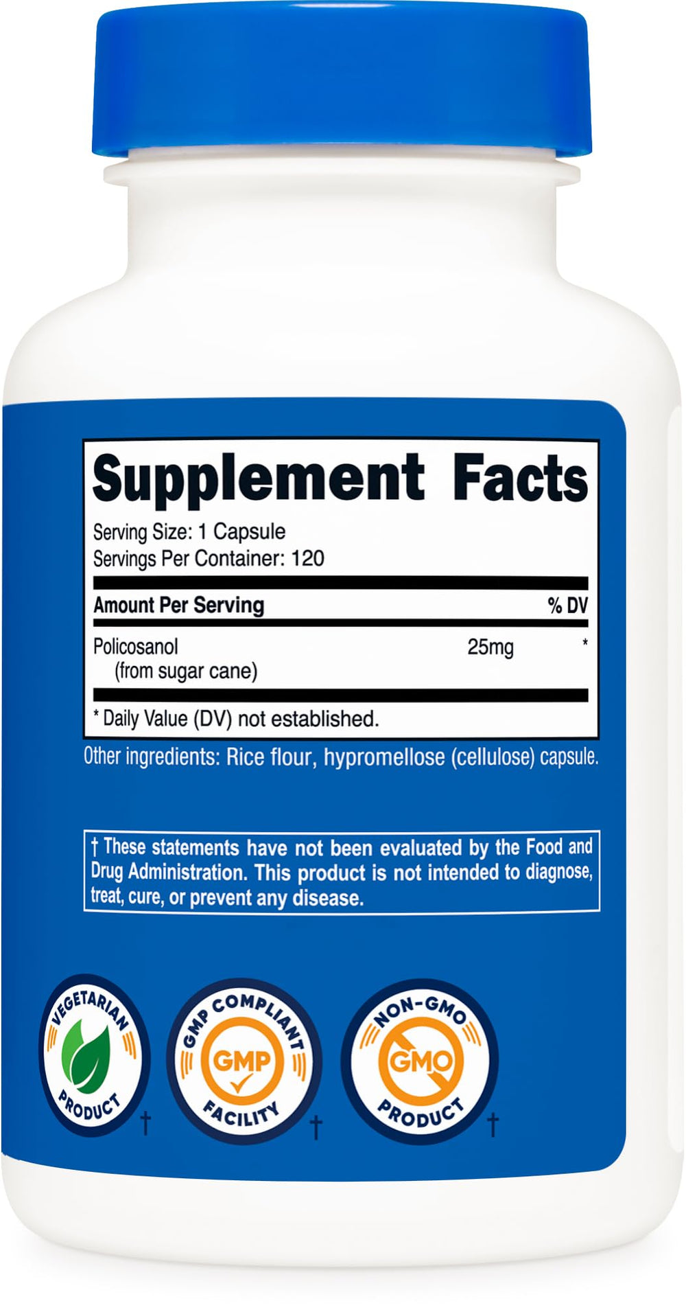 ISO-lab testing seal on Nutricost Policosanol bottle communicates third-party verification