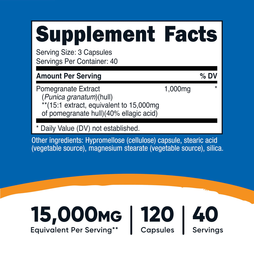 Nutricost Pomegranate Extract capsules close-up highlighting potency and 15:1 extract