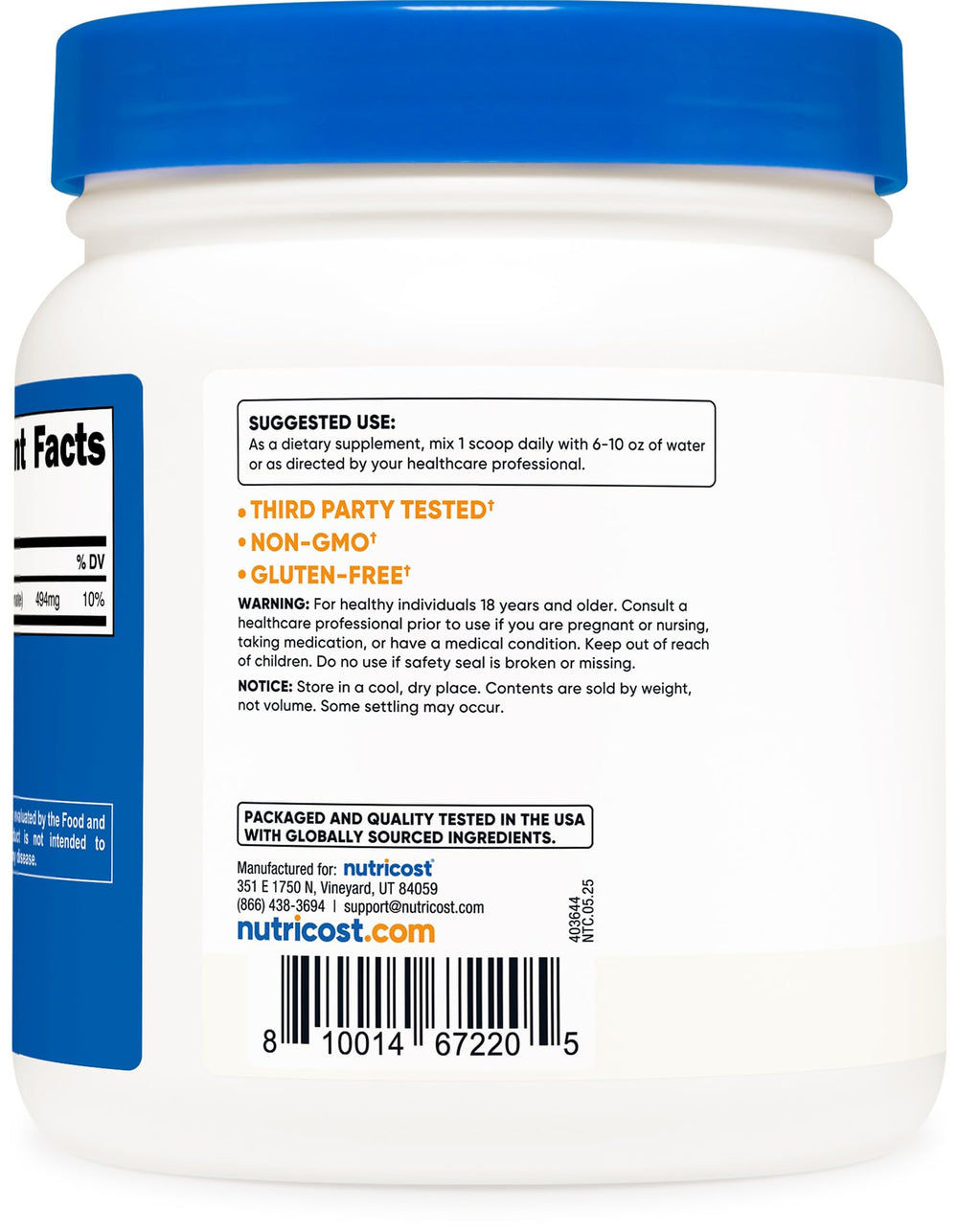 Nutricost Potassium Bicarbonate label close-up for easy dosing