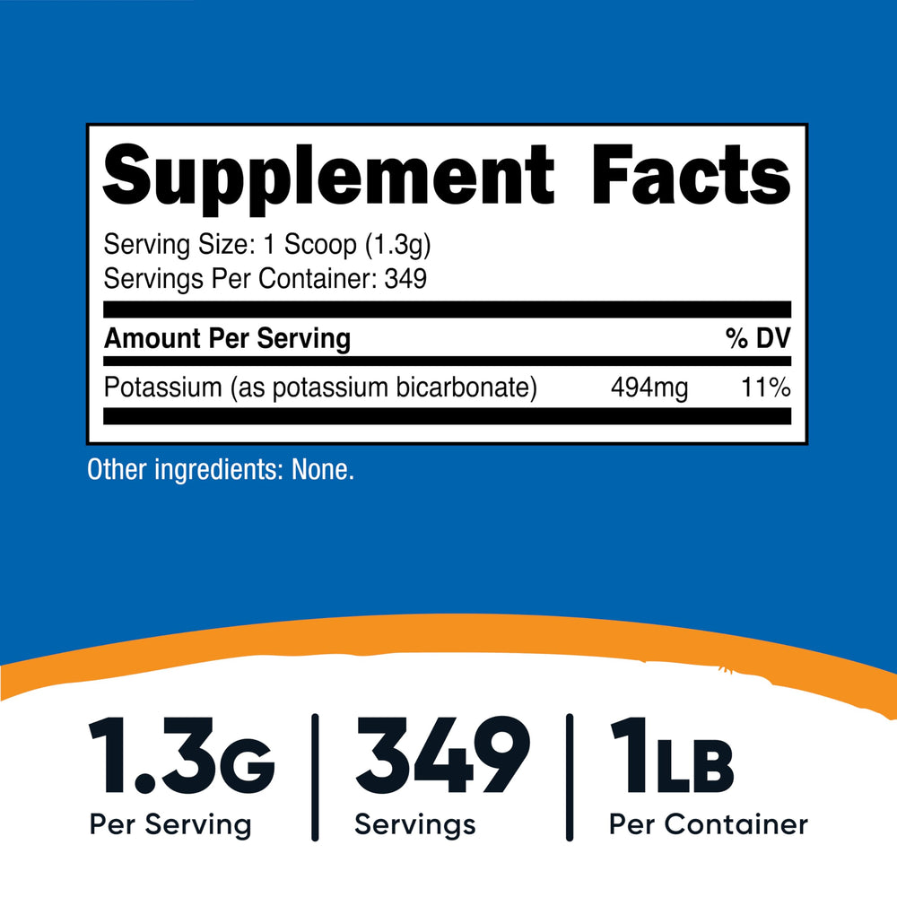 Nutricost potassium bicarbonate scoop demonstrates precise 1/4 tsp serving.