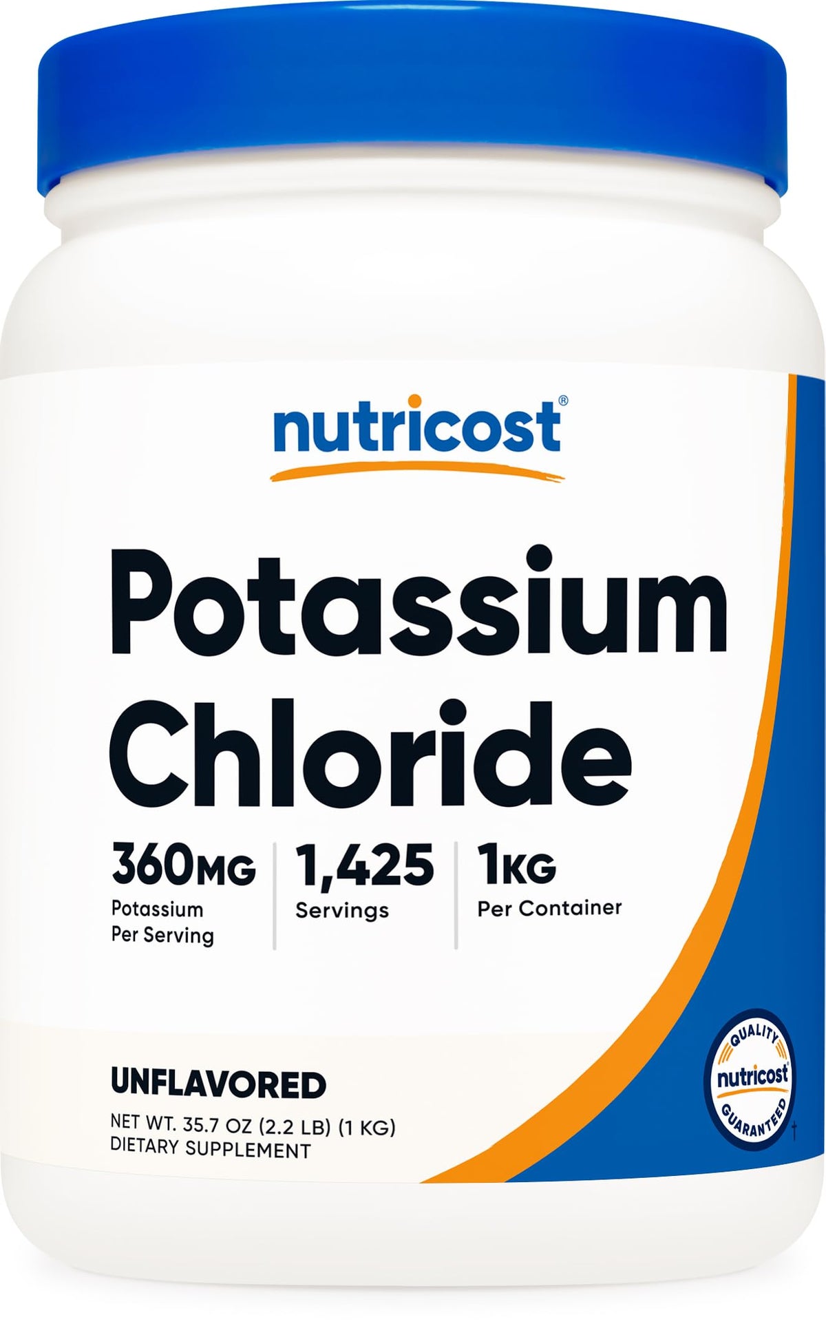Nutricost Potassium Chloride Powder bottle front, convenient 1 kg size.