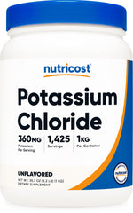 Nutricost Potassium Chloride Powder bottle front, convenient 1 kg size.