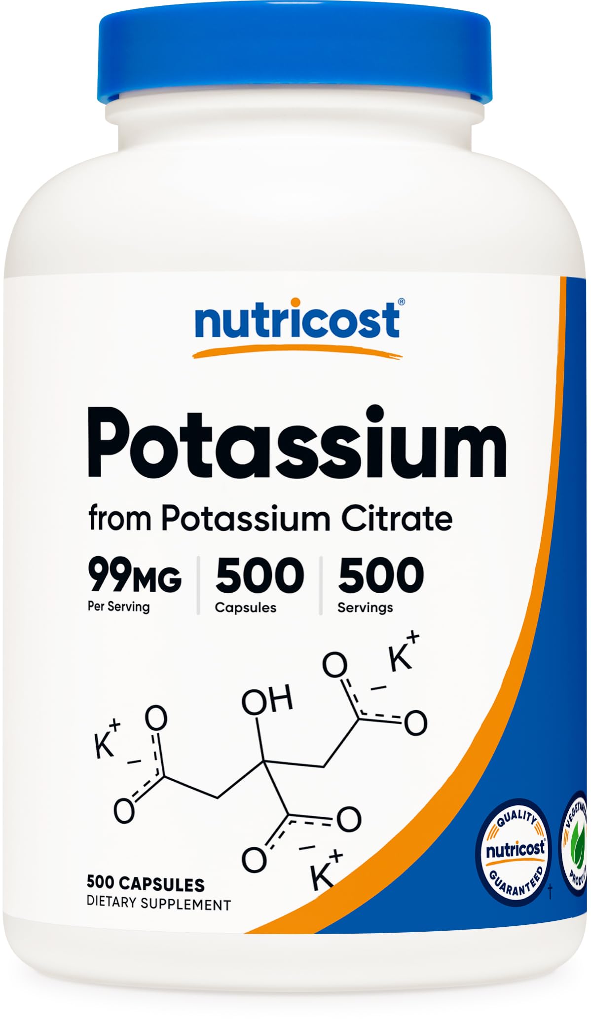 Nutricost Potassium Citrate 99mg bottle front showing label and serving size details.