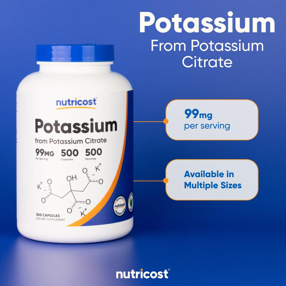 Nutricost Potassium Citrate bottle lid color variation blue or white.
