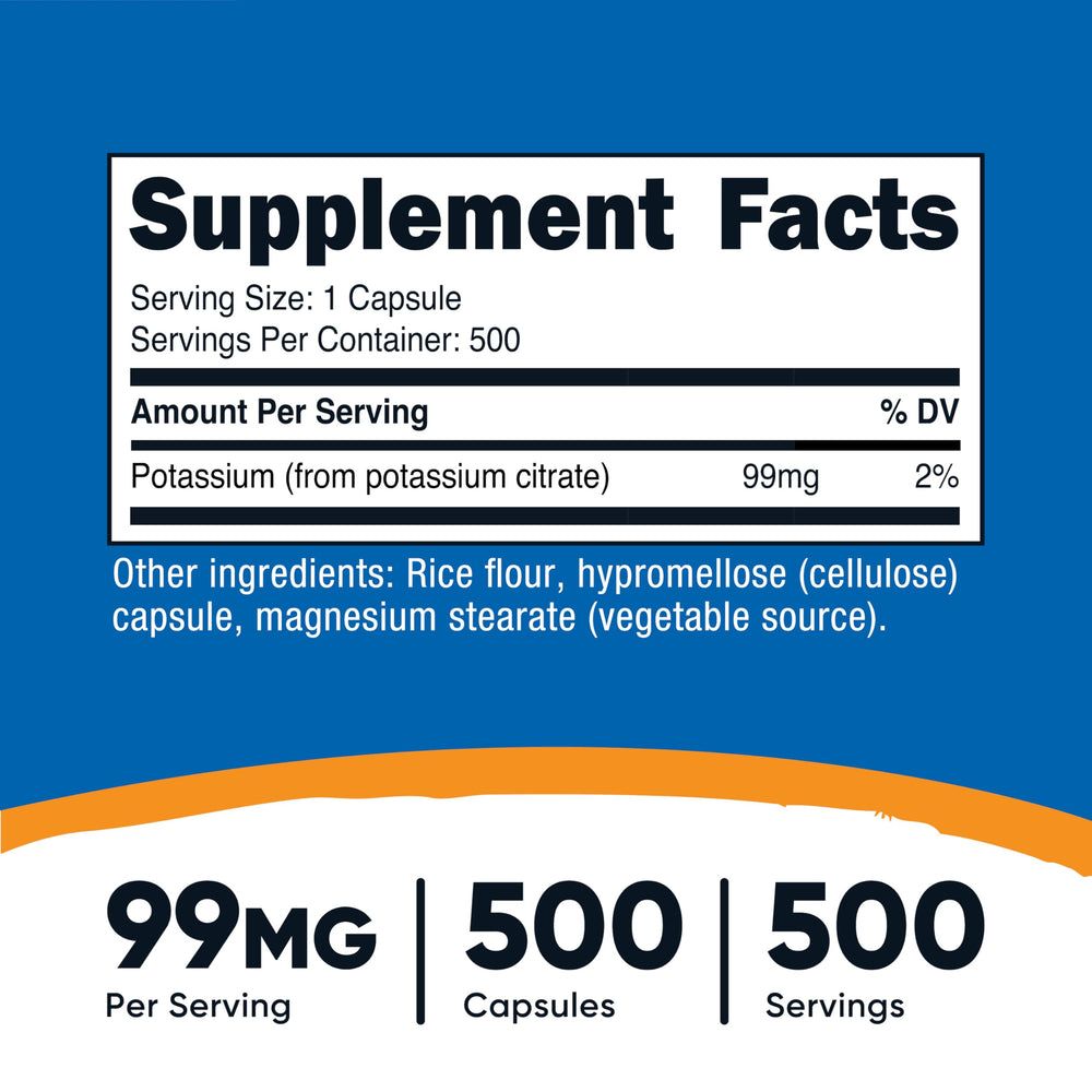 Nutricost Potassium Citrate capsules close-up highlighting size and smooth texture.