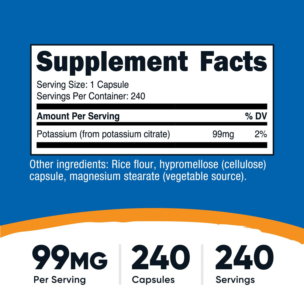 Nutricost Potassium Citrate ingredient label shows gluten-free and non-GMO notes