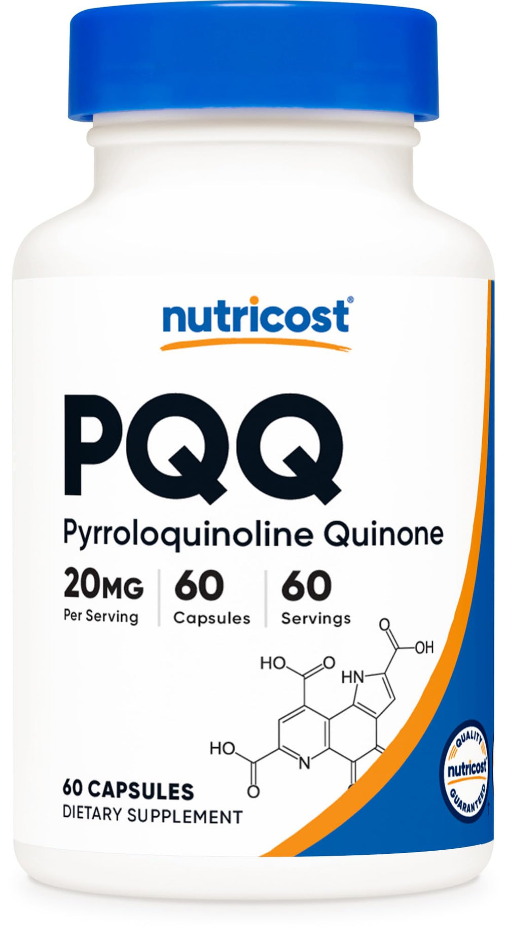 Nutricost PQQ 20mg bottle close-up with 60 vegetarian capsules.