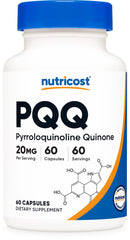 Nutricost PQQ 20mg bottle close-up with 60 vegetarian capsules.