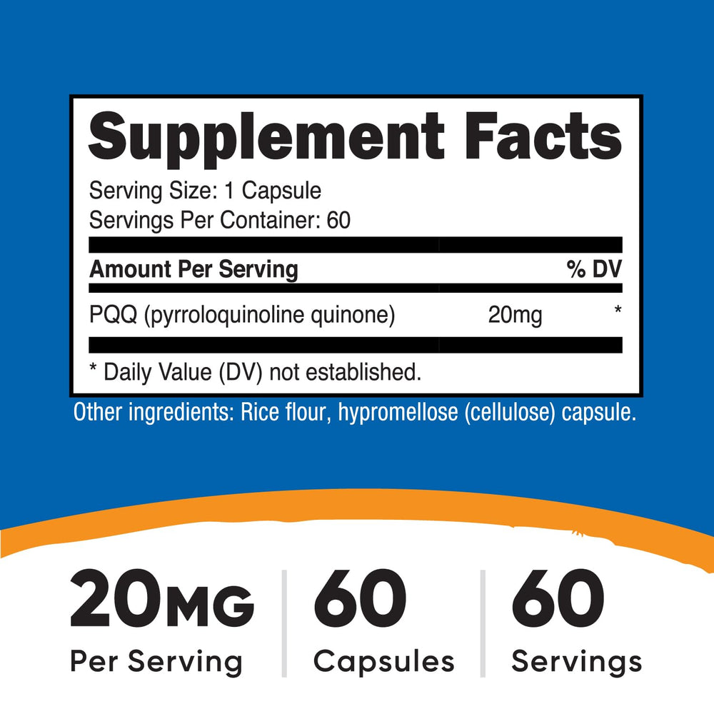 Nutricost PQQ capsules close-up highlighting vegetarian, non-GMO formula.