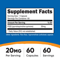 Nutricost PQQ capsules close-up highlighting vegetarian, non-GMO formula.