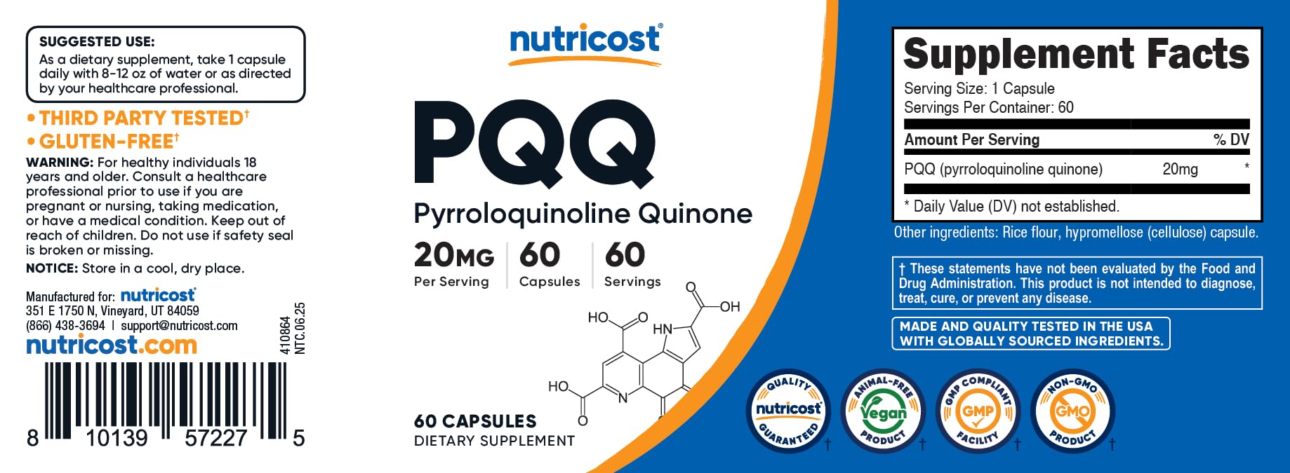 Nutricost PQQ produced in GMP-certified facility for quality.