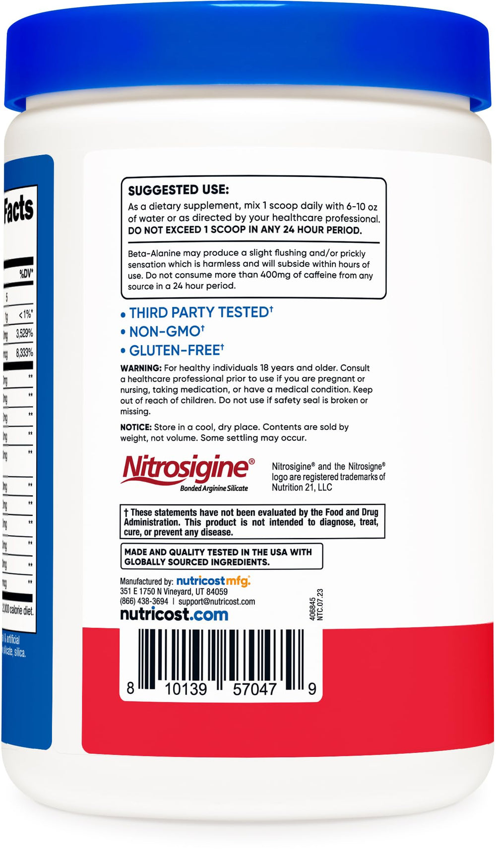 Nutricost Pre-C Creatine Fruit Punch label closeup highlights ingredients and safety information.