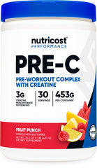 Nutricost Pre-C Creatine Fruit Punch tub ready for pre-workout energy support.