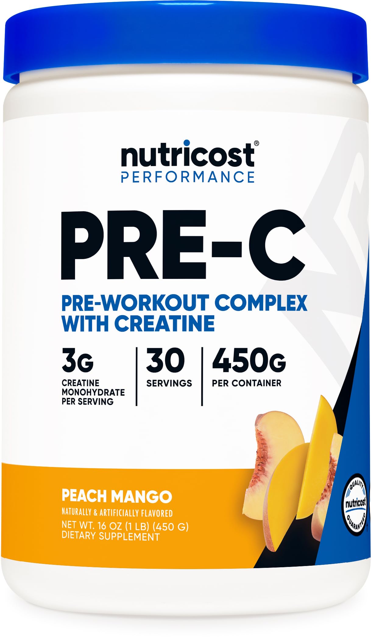 Nutricost Pre-C Creatine Peach Mango bottle signals energy for workouts.