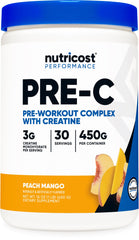 Nutricost Pre-C Creatine Peach Mango bottle signals energy for workouts.