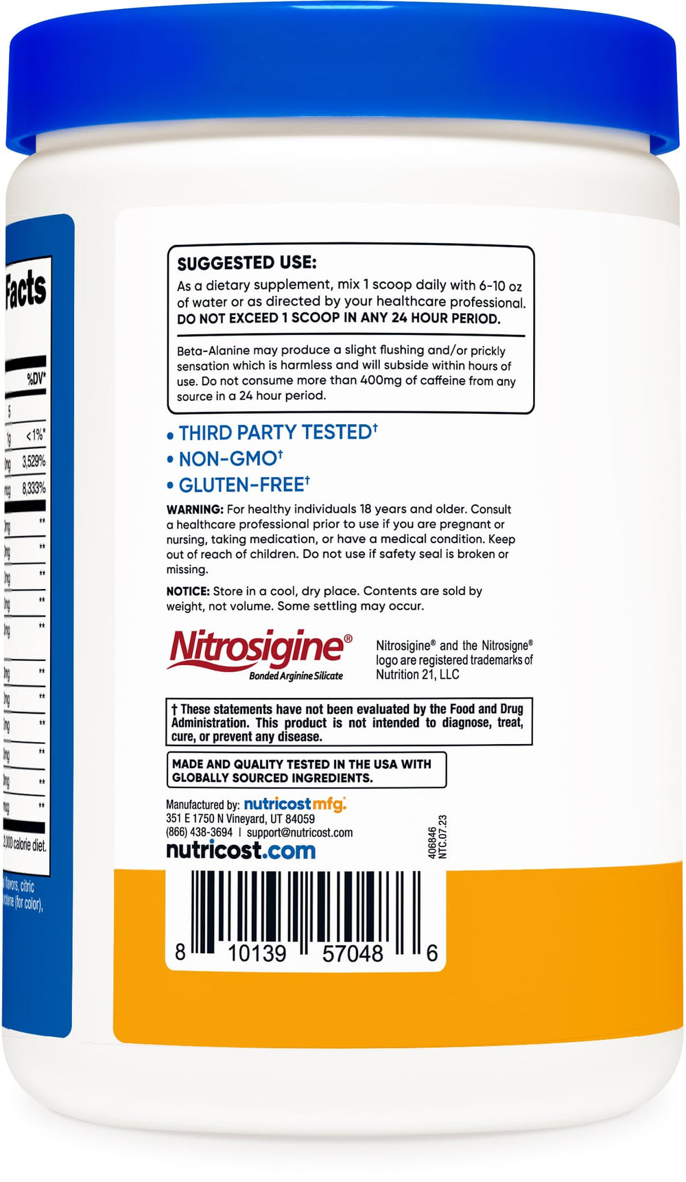 Nutricost Pre-C Creatine Peach Mango label provides clear details.