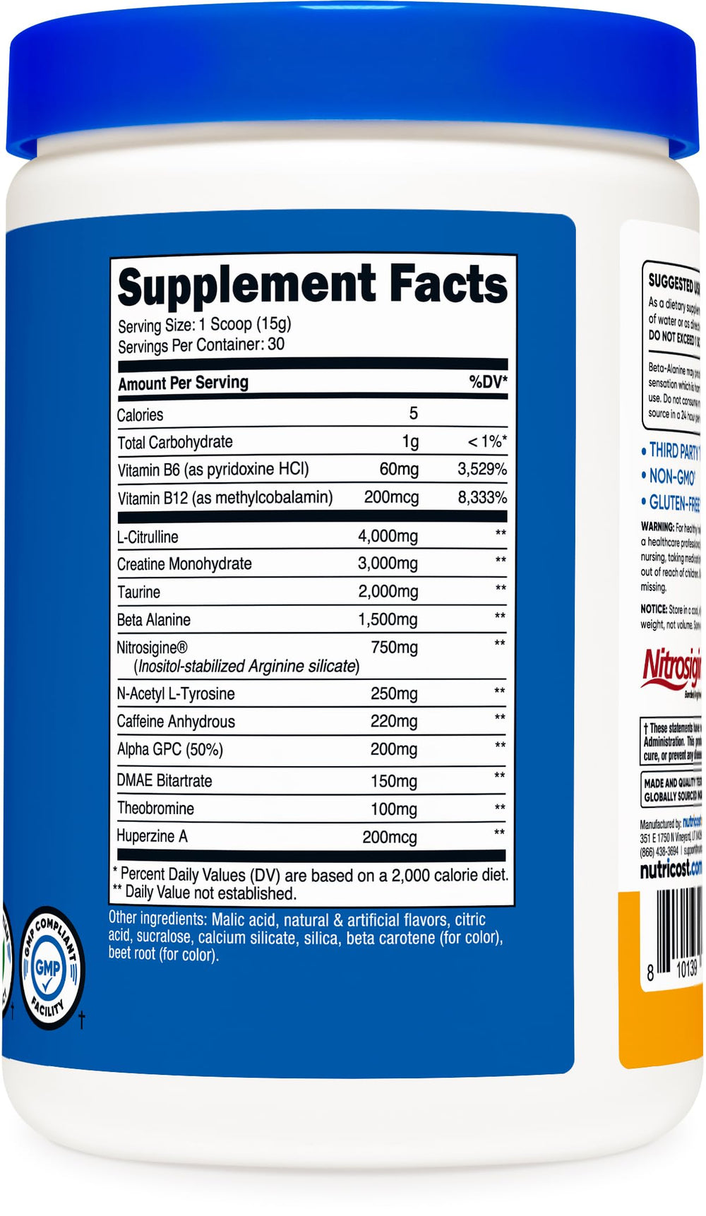 Nutricost Pre-C Creatine Peach Mango nutrition facts highlight per-serving creatine.