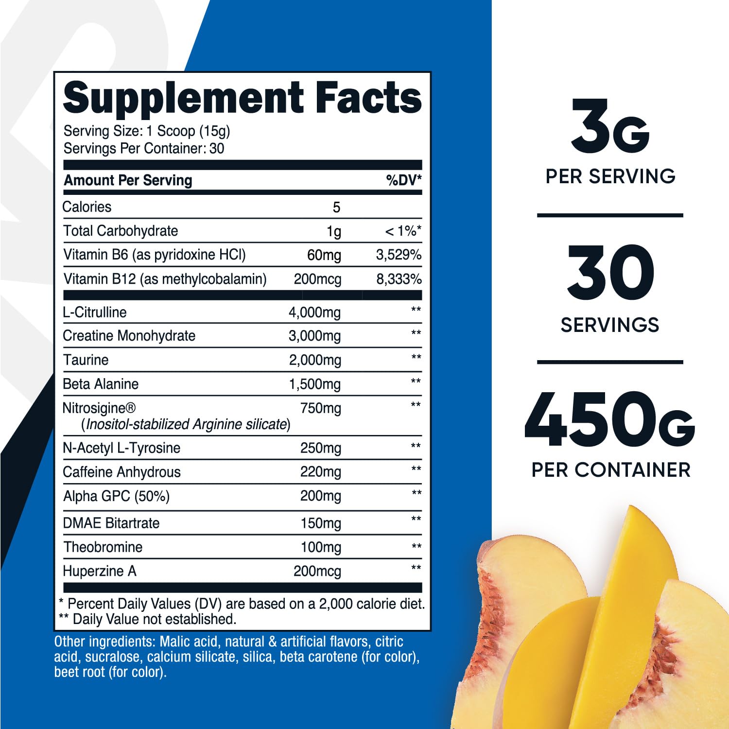 Nutricost Pre-C Creatine Peach Mango tub shows 450 g container.