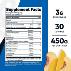 Nutricost Pre-C Creatine Peach Mango tub shows 450 g container.