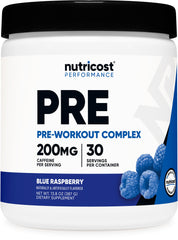 Nutricost Pre-Workout blue raspberry bottle ready for an energizing workout.