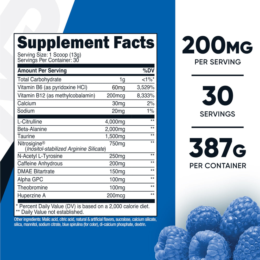 Nutricost Pre-Workout blue raspberry powder scoop for fast energy before training.