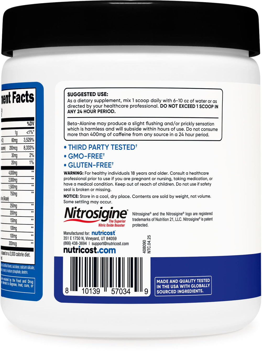Nutricost Pre-Workout bottle label shows NSF GMP quality assurance.