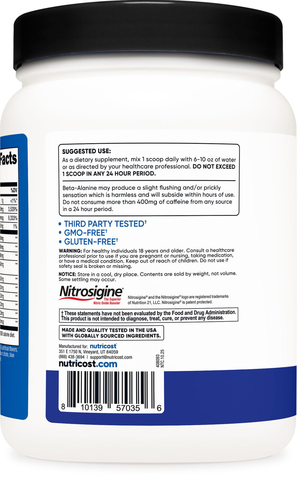 Nutricost Pre-Workout Complex scoop with beta-alanine and citrulline for smoother performance.