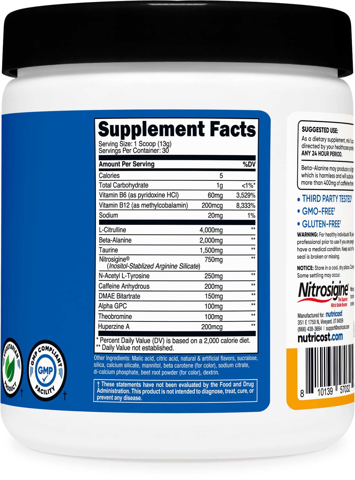 Nutricost pre-workout label highlights testing and caffeine