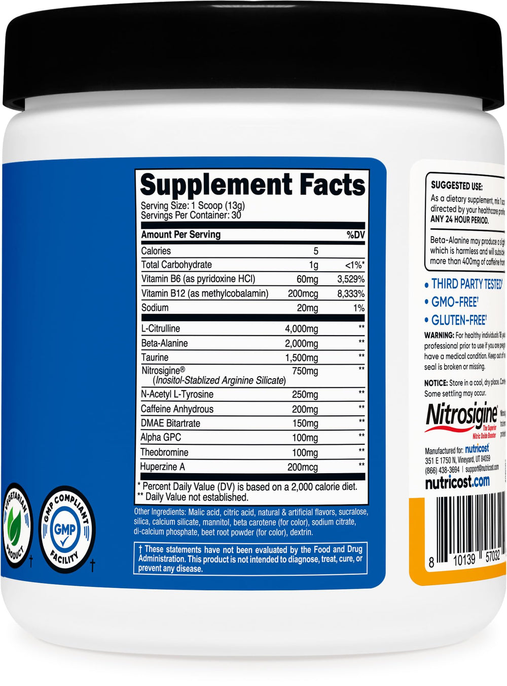Nutricost pre-workout label highlights testing and caffeine