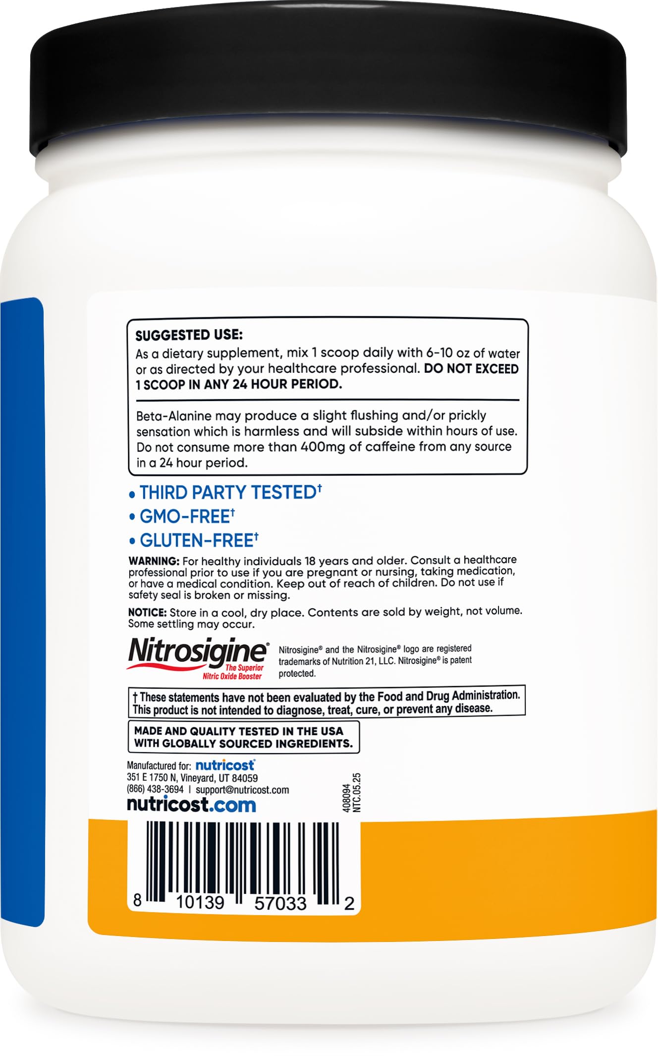 Nutricost Pre-Workout Complex label highlights ingredients and testing