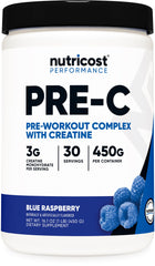 Nutricost Pre-Workout Creatine blue raspberry container ready for training sessions