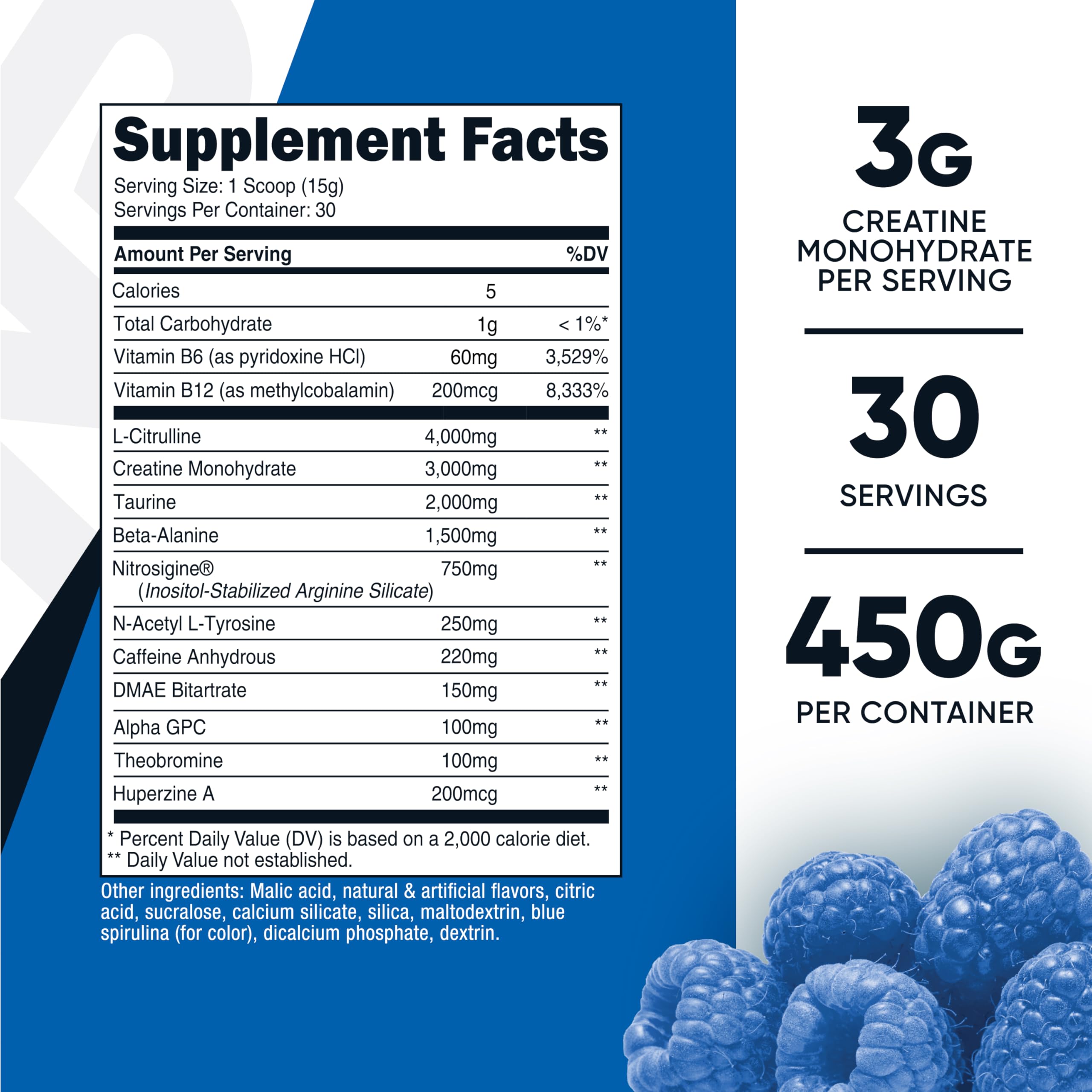 Nutricost Pre-Workout blue raspberry scoop beside bottle to support focus