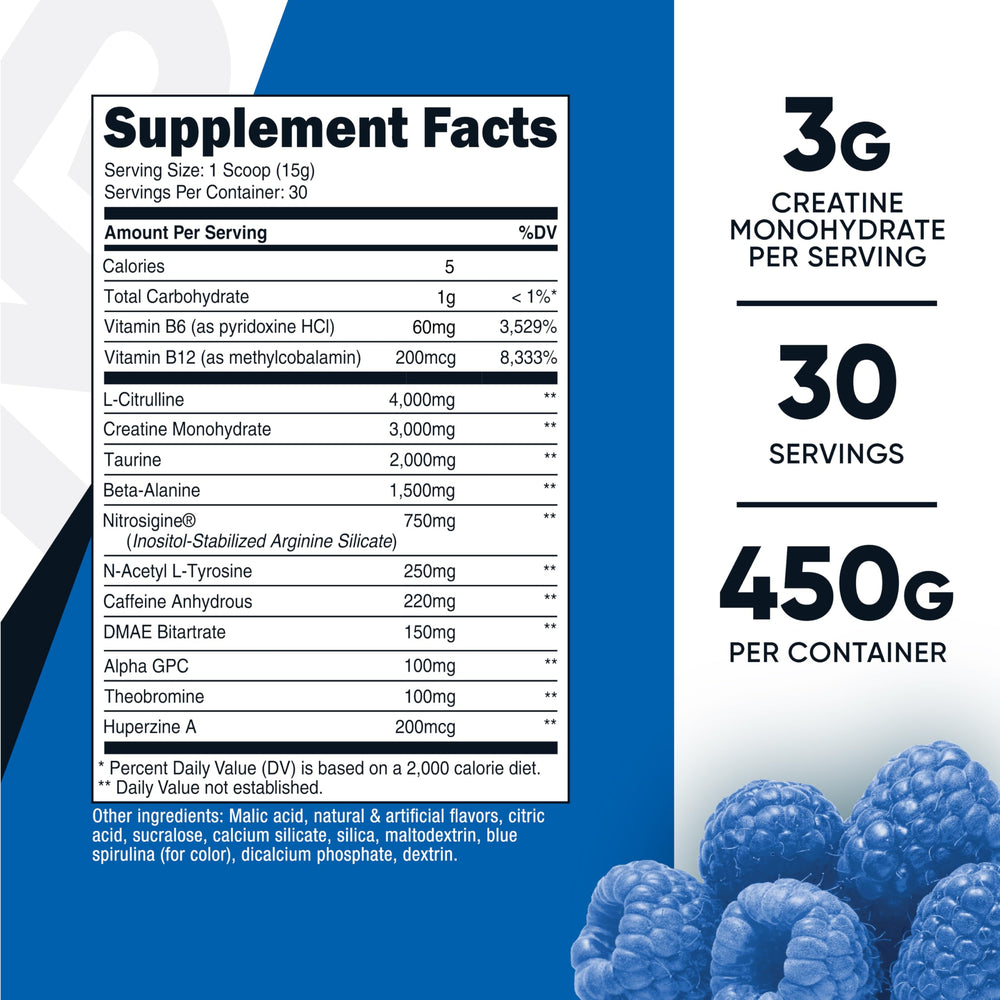 Nutricost Pre-Workout blue raspberry scoop beside bottle to support focus
