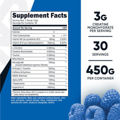 Nutricost Pre-Workout blue raspberry scoop beside bottle to support focus