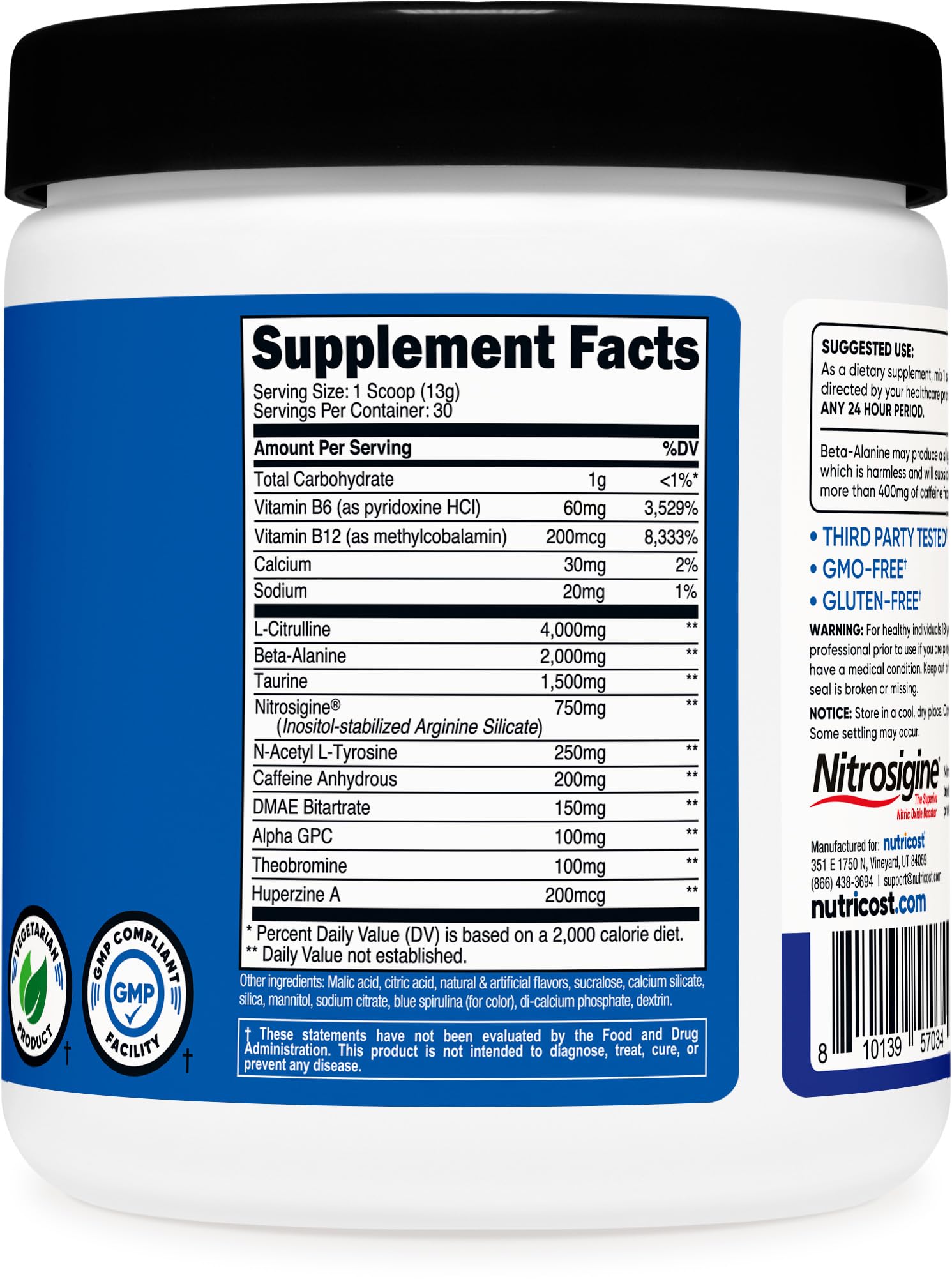 Nutricost Pre-Workout ISO-certified seal indicates third-party quality testing.